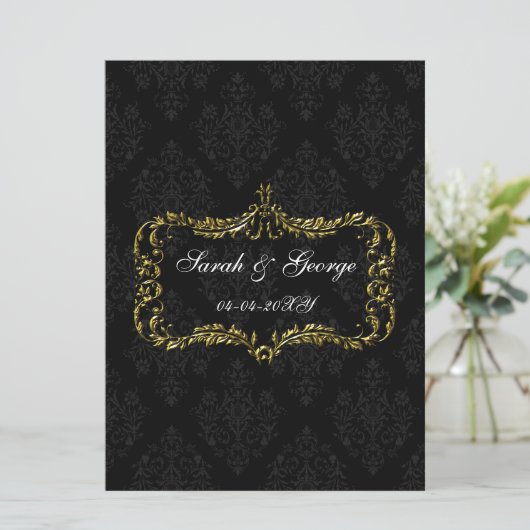 繁栄した黒い金ゴールドのダマスクのクリスマスの招待状 招待状 (スタンド正面)
