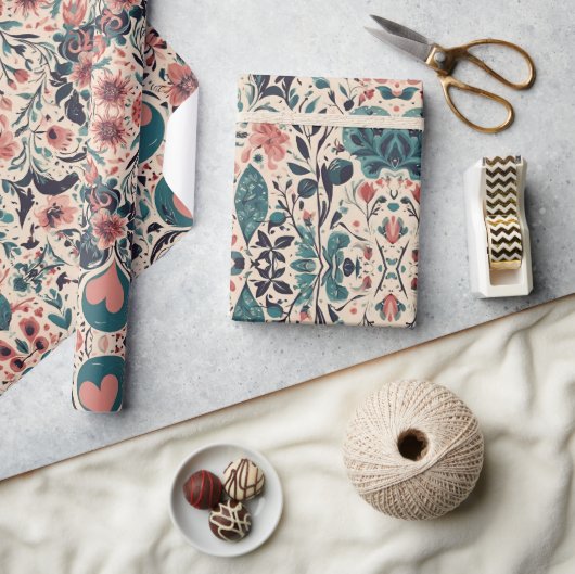 繁栄ヴィンテージハート包装紙 ラッピングペーパー (クラフト)