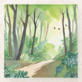 繁茂する緑の森 | 自然水色 ガラスコースター (正面)