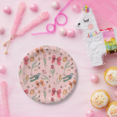 繊細でかわいい花チューリップと弓ピンク ペーパープレート (パーティー)