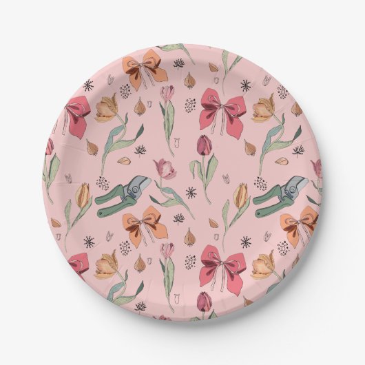繊細でかわいい花チューリップと弓ピンク ペーパープレート (正面)