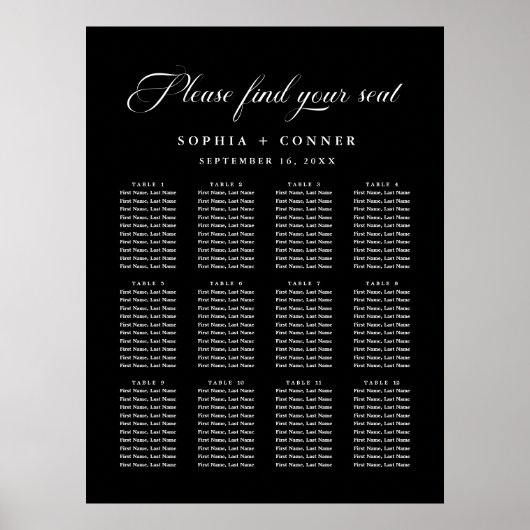 繊細でエレガントなウェディングブラックシーティングチャート ポスター (正面)