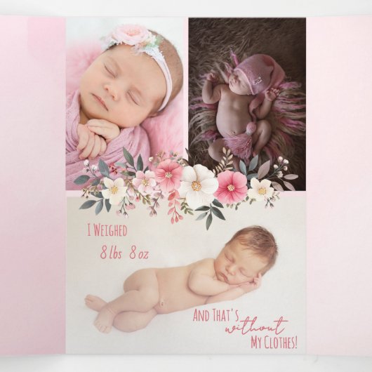 繊細で出産のユーモアのある発表 – ピンク 三つ折りカード (内部中)