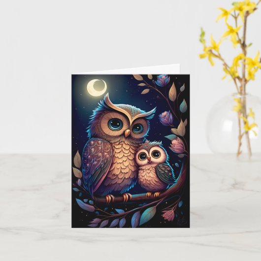 繊細で美しい母親と赤ちゃんフクロウのカード カード (黄色い花)