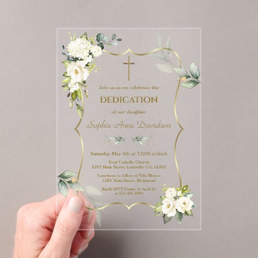 繊細で風通しの良い緑の白い花献身 アクリル招待状 (インサイチュ (ポータブル))