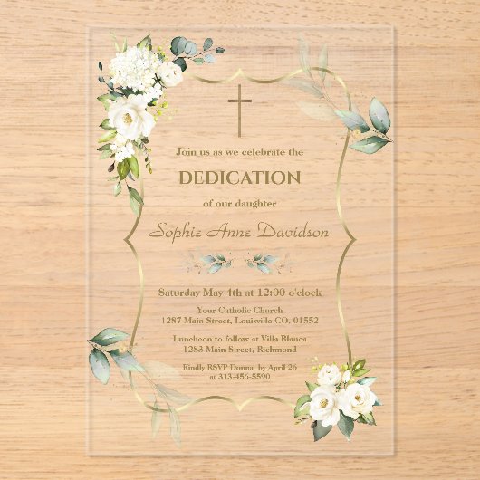 繊細で風通しの良い緑の白い花献身 アクリル招待状 (正面)