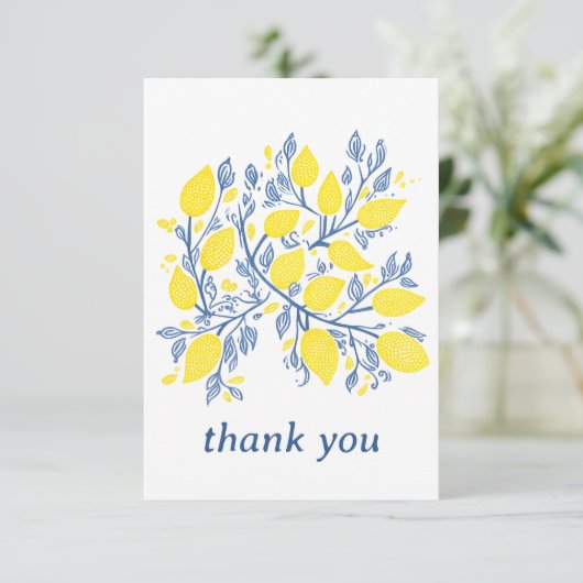 繊細なかわいらし青と黄色のレモンのつる植物 サンキューカード (スタンド正面)