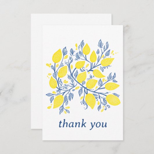 繊細なかわいらし青と黄色のレモンのつる植物 サンキューカード (正面/裏面)