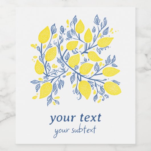 繊細なかわいらし青と黄色のレモンのつる植物 ワインラベル (シングルラベル)