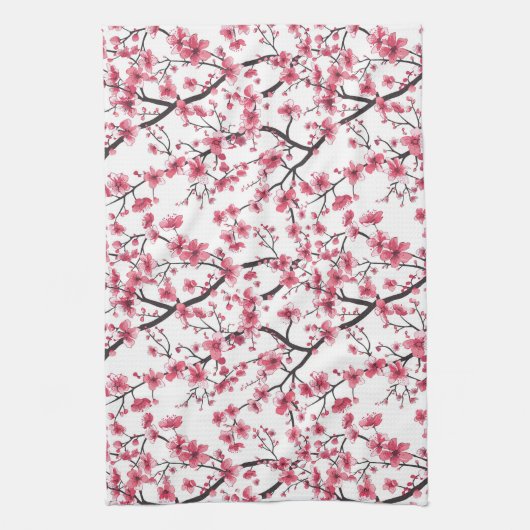 繊細なさくらんぼの花模様 キッチンタオル (縦)