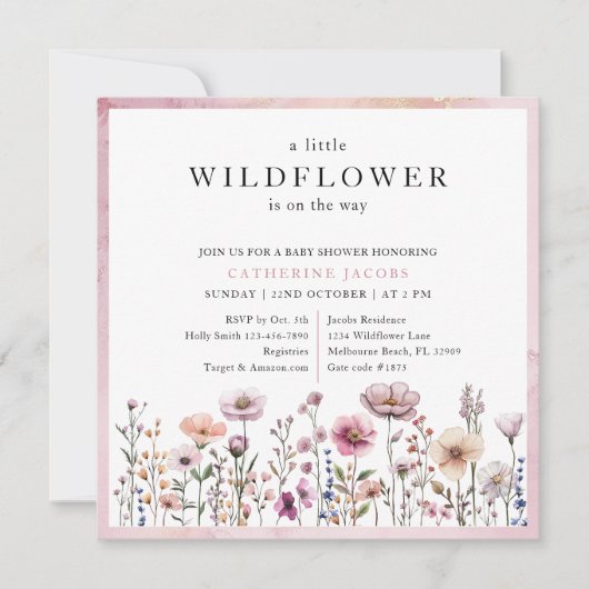 繊細なほこりっぽいピンクの野生の花の赤ちゃんシャワーが侵入 招待状 (正面)