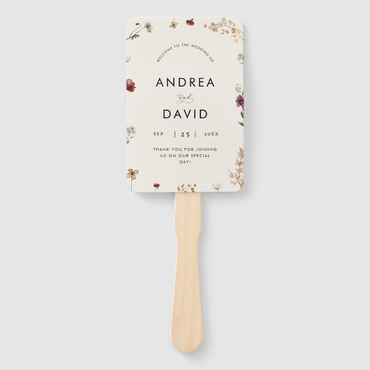 繊細なアイボリーの野生の花のスクリプト結婚式プログラム ハンドファン (正面)