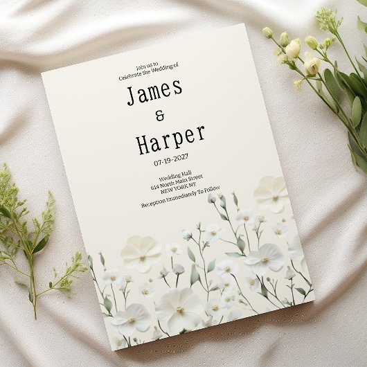 繊細なアイボリー白フローラ結婚配置 招待状