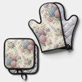 繊細なアジサイの花 鍋つかみ&鍋敷きセット (正面/裏面)