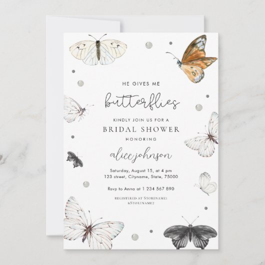 繊細なウェディングシャワーのお誘い - ハートをときめかせる蝶々 招待状 (正面)