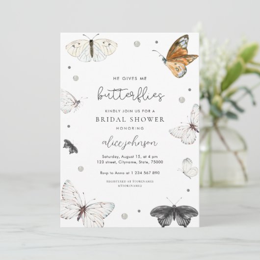 繊細なウェディングシャワーのお誘い - ハートをときめかせる蝶々 招待状 (スタンド正面)