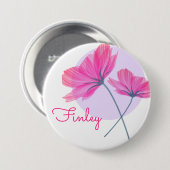 繊細なエレガントピンクの花はライトブルードット 缶バッジ (正面&裏面)
