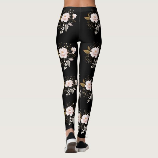繊細なエレガントピンクの金ゴールド花ブラックパターン レギンス (裏面)