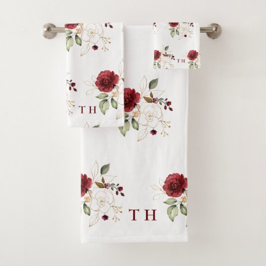 繊細なエレガントブルゴーニュ金ゴールド花モノグラム バスタオルセット (インサイチュ)