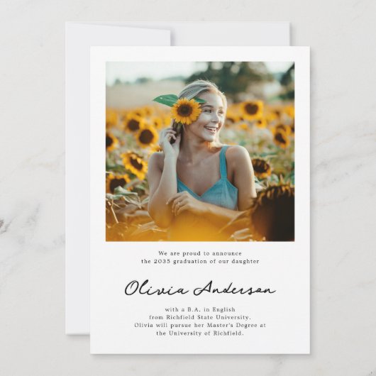 繊細なエレガント大学院生の台本写真卒業 案内状 (裏面)