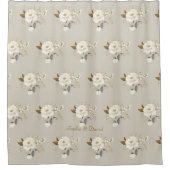 繊細なエレガント白クリーム金ゴールド花モノグラム シャワーカーテン (正面)