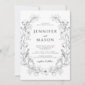 繊細なエレガント白黒フローラ結婚リース 招待状 (正面)