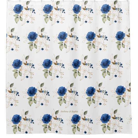 繊細なエレガント青い金ゴールド花モノグラム シャワーカーテン (正面)