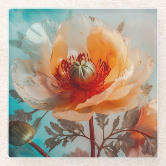 繊細なオレンジ色の花 ガラスコースター (正面)