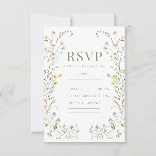 繊細なカラフルワイルドフラワーウェディングRSVPカード 出欠カード (正面)