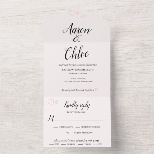 繊細なカリグラフィーが一つになった結婚式の招待状 オールインワン招待状 (内側)