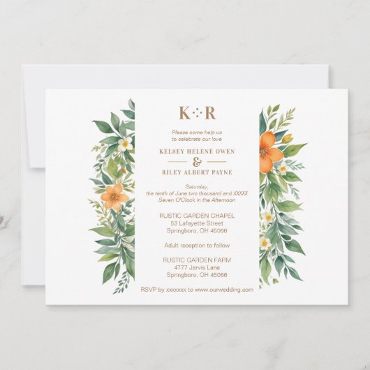繊細なガーランドアザハールオレンジの花と緑 招待状 (正面)