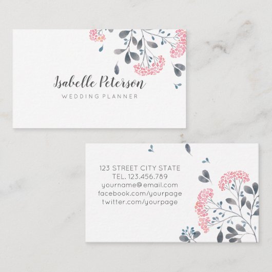 繊細なガーリーピンクの灰色の水色の花が美しい 名刺 (正面/裏面)