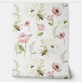 繊細なケシ、ミツバチ、ワイルドフラワーの水色 壁紙