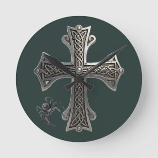 繊細なケルト銀十字架(イントラケート・ノット・パターン) ラウンド壁時計