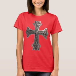 繊細なケルト銀十字架 複雑なノットパターン Tシャツ