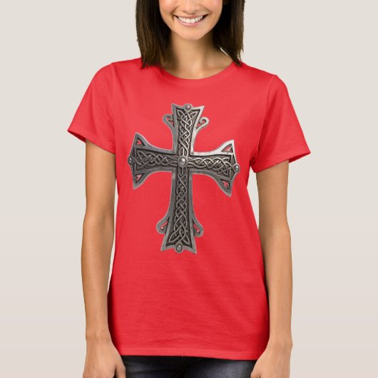 繊細なケルト銀十字架 複雑なノットパターン Tシャツ (正面)
