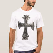 繊細なケルト銀十字架 複雑な結び目模様 Tシャツ (正面)