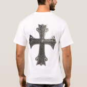 繊細なケルト銀十字架 複雑な結び目模様 Tシャツ (裏面)