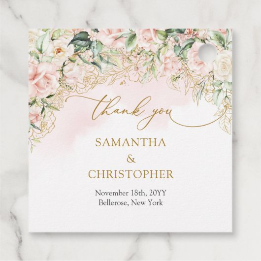 繊細なコケットのピンクのバラの金ゴールドと緑 フェイバータグ (裏面)