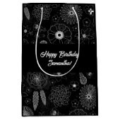 繊細なコンテンポラリーフローラ白黒パターン ミディアムペーパーバッグ (正面)