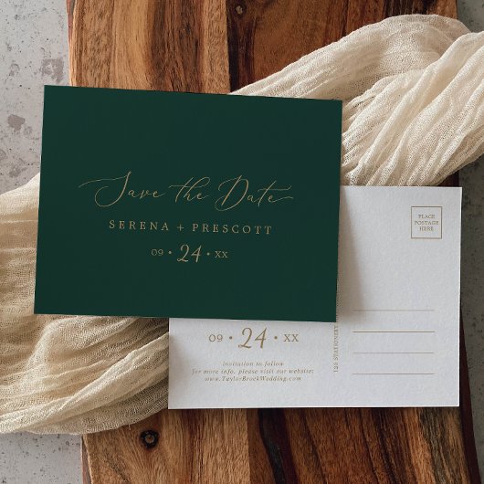 繊細なゴールドとグリーンの結婚式の案内ハガキ インビテーションポストカード