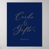 繊細なゴールドとネイビーのカードとギフトのサイン ポスター (正面)