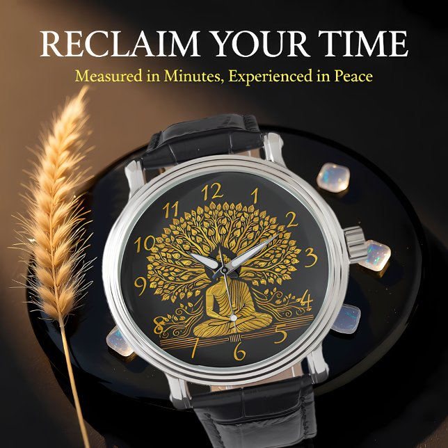 繊細なゴールドの仏像が緑豊かな葉に囲まれている 腕時計 (クリエイターアップロード済み)