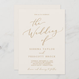 繊細なゴールドカリグラフィークリームオールインワンウェディング 招待状