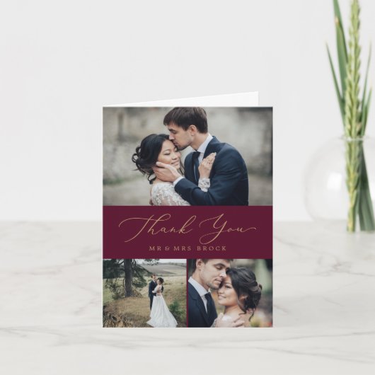 繊細なゴールドカリグラフィーバラード 3 枚の写真のコラージュ サンキューカード (正面)