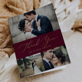 繊細なゴールドカリグラフィーバラード 3 枚の写真のコラージュ サンキューカード