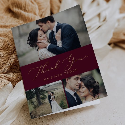 繊細なゴールドカリグラフィーバラード 3 枚の写真のコラージュ サンキューカード