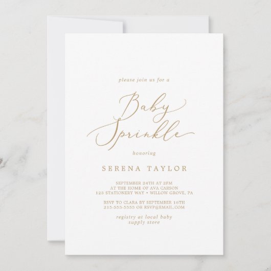 繊細なゴールドカリグラフィーベイビースプリンクル 招待状 (正面)