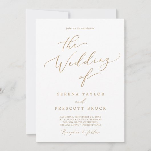 繊細なゴールドカリグラフィー写真付き結婚式の招待状 招待状 (正面)