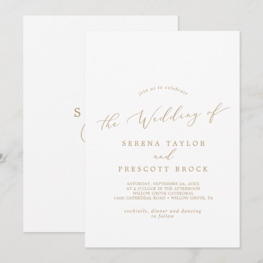 繊細なゴールドカリグラフィー モノグラム バック ウェディング 招待状 (正面/裏面)